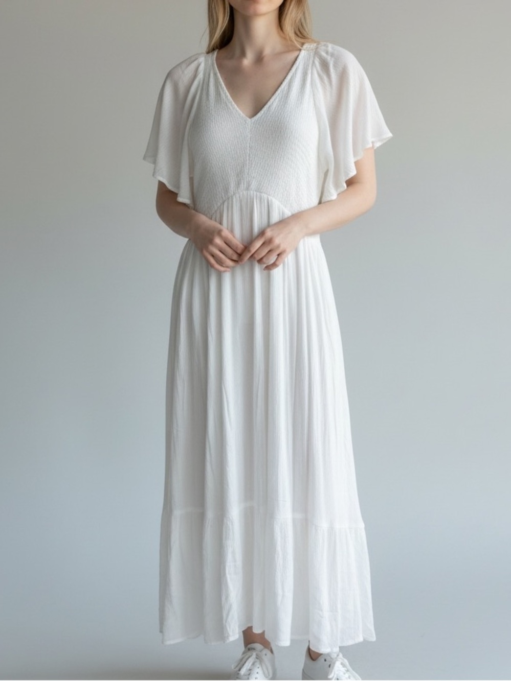 In Loom Ivory White Smocked Ruffle Midi Dress Medium